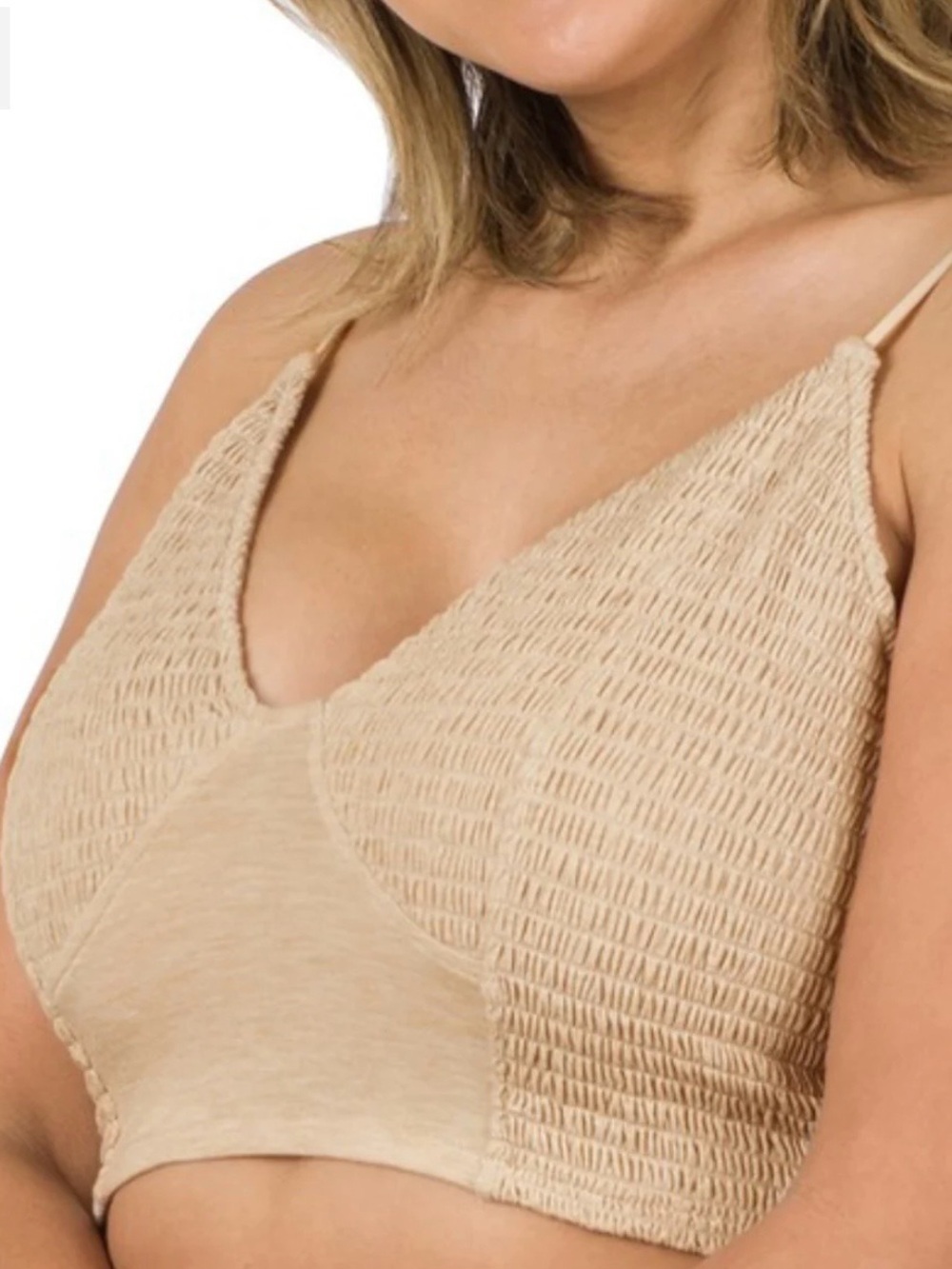 Zenana Outfitters NWOT Beige Smocked Wireless Bralette Size S